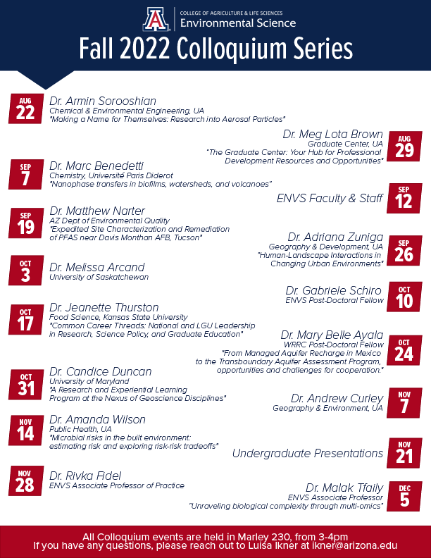 A schedule of the environmental science fall 2022 colloquium series